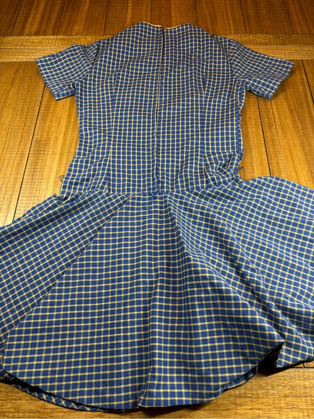 Vintage JuneBug Blue,tan Plaid belted dress, granny/cottage core small? See desc